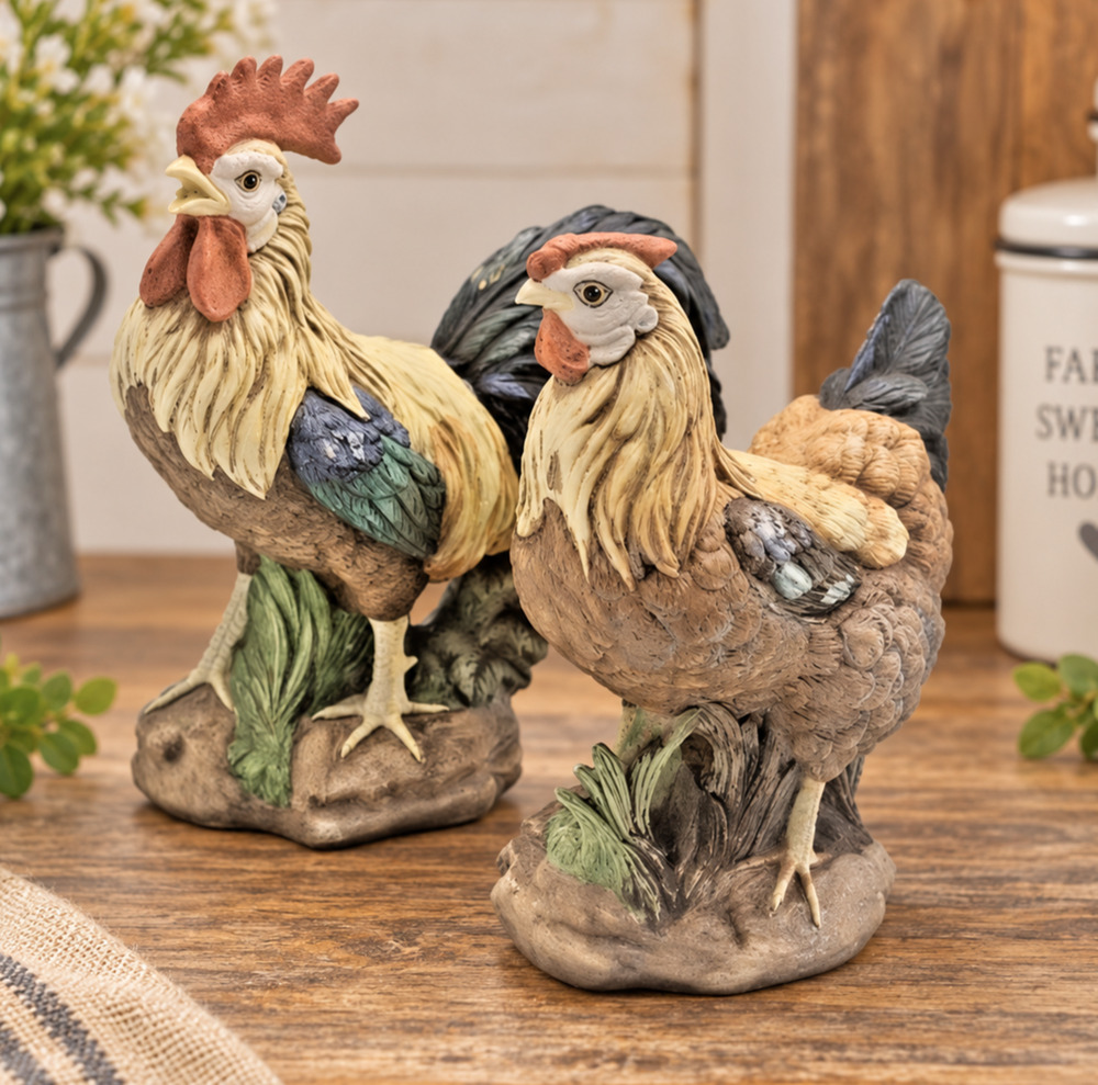 Vintage Lefton China Rooster Hen Figurines Pair #01083 Hand Painted 1980s Farm